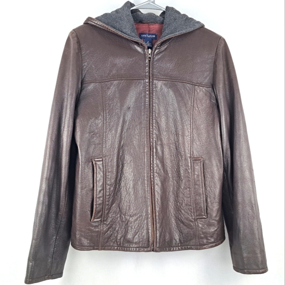 Vintage Ann Taylor Brown Leather Jacket, 1990's, Fleece lined hood, sz M